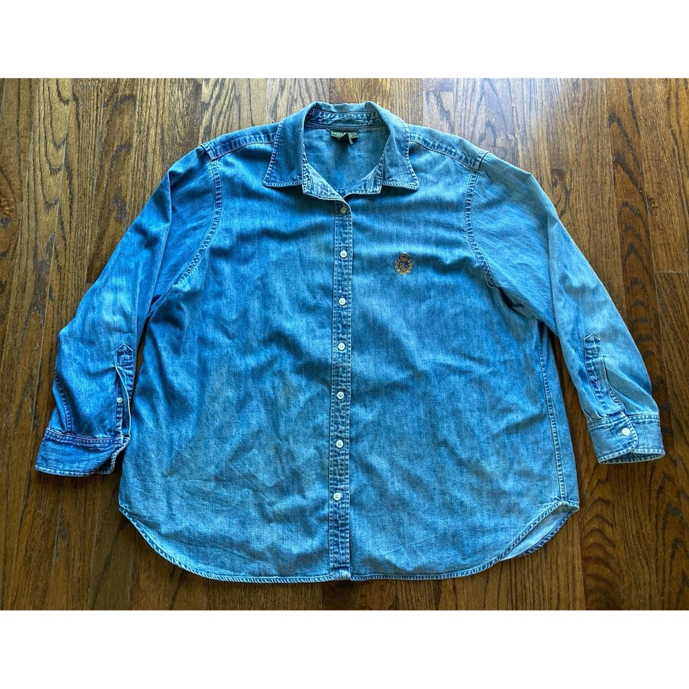 VTG Lauren Jeans Co Ralph Lauren Denim Shirt Women 3XL Blue Crested Button 90s